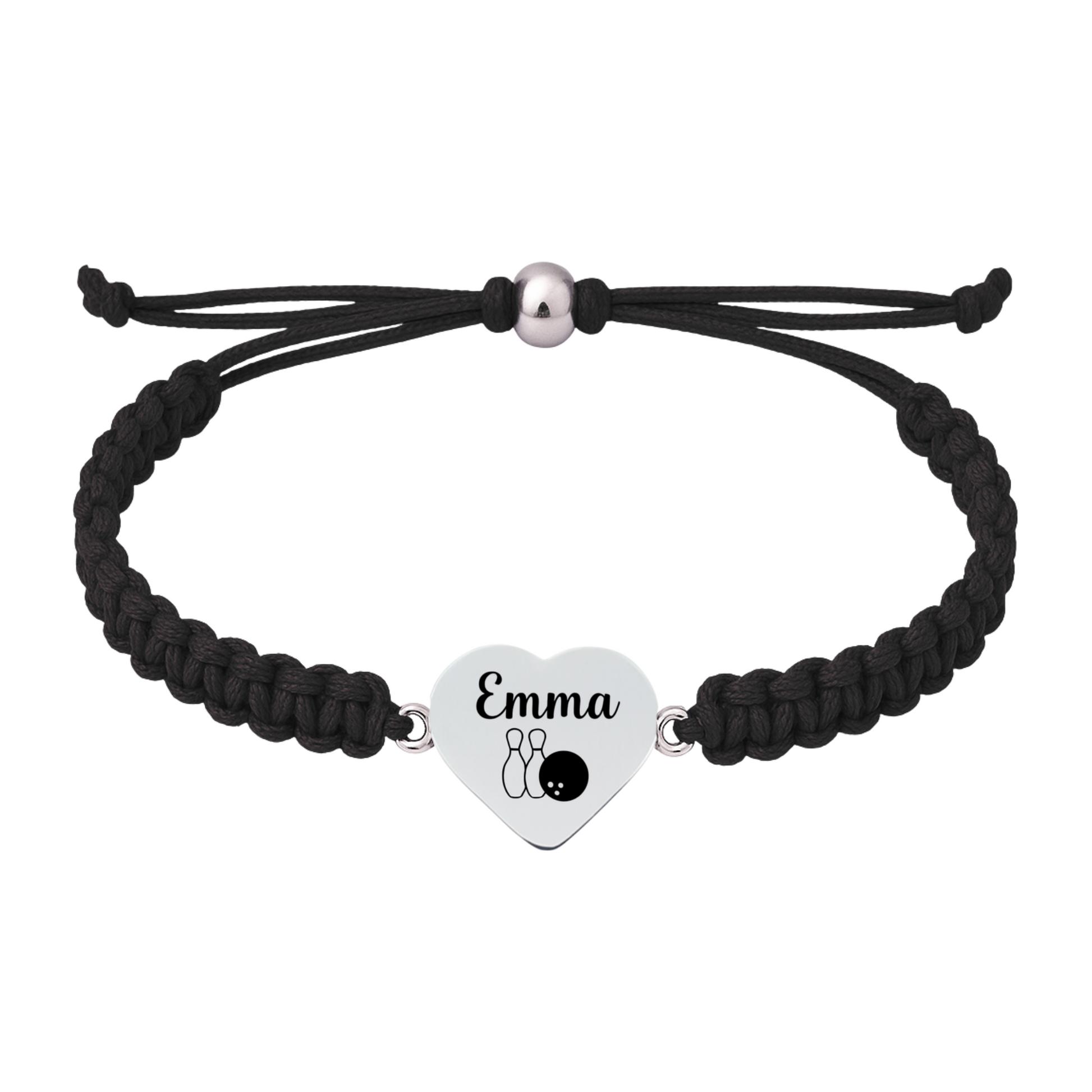 Black braided bracelet with engraved stainless steel heart charm