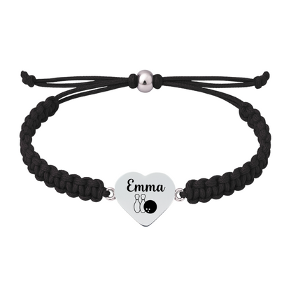 Black braided bracelet with engraved stainless steel heart charm