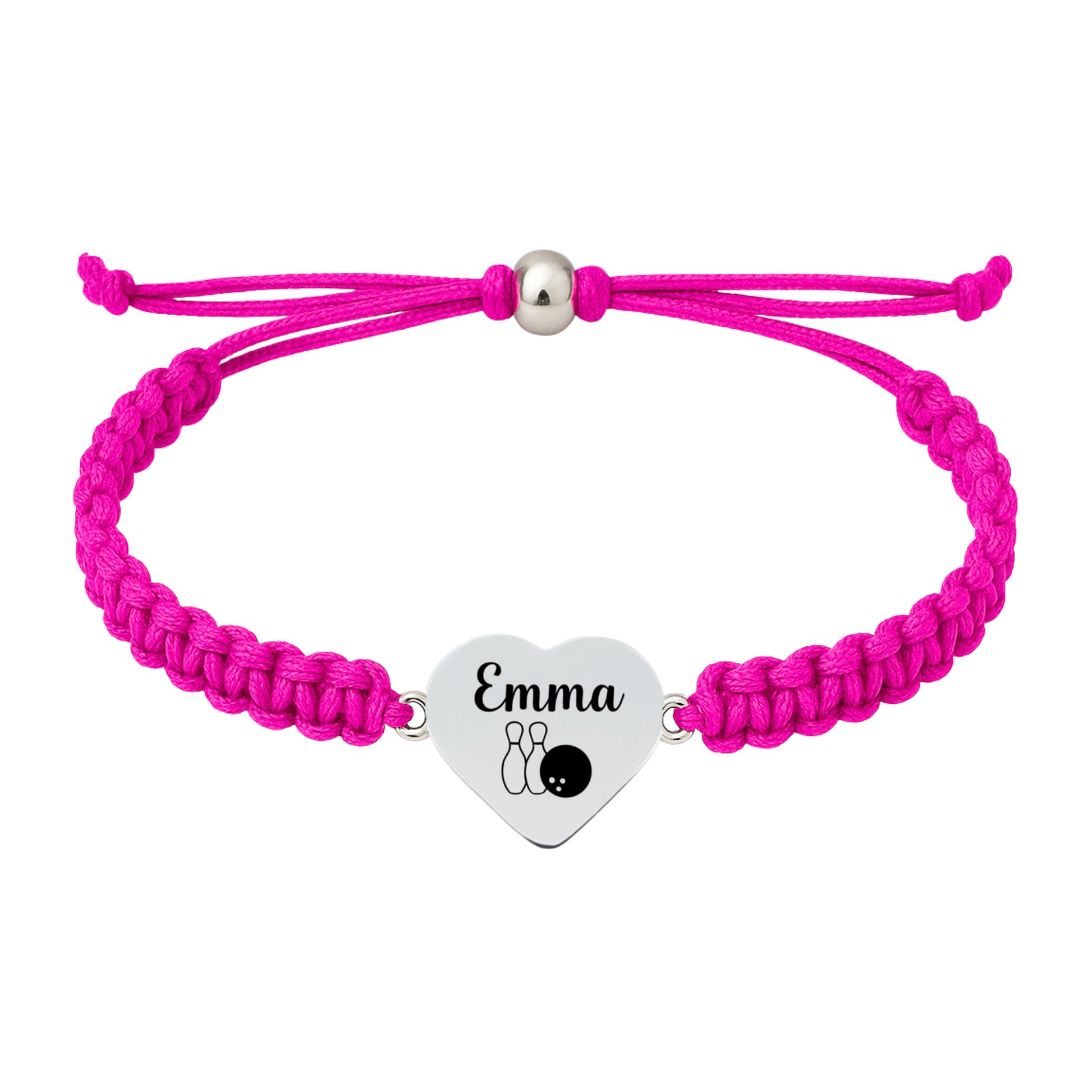 Hot pink bracelet with personalized engraved bowling heart charm