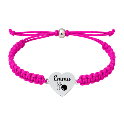 Hot pink bracelet with personalized engraved bowling heart charm