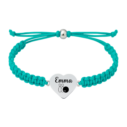 Teal rope bracelet with stainless heart charm engraved
