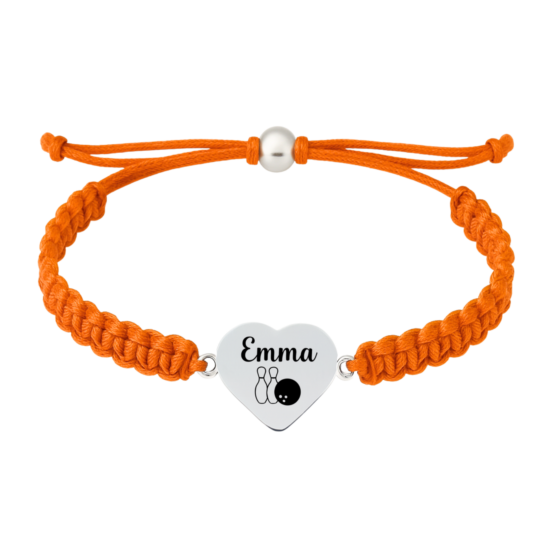 Orange rope bracelet with silver heart charm personalized for bowling players