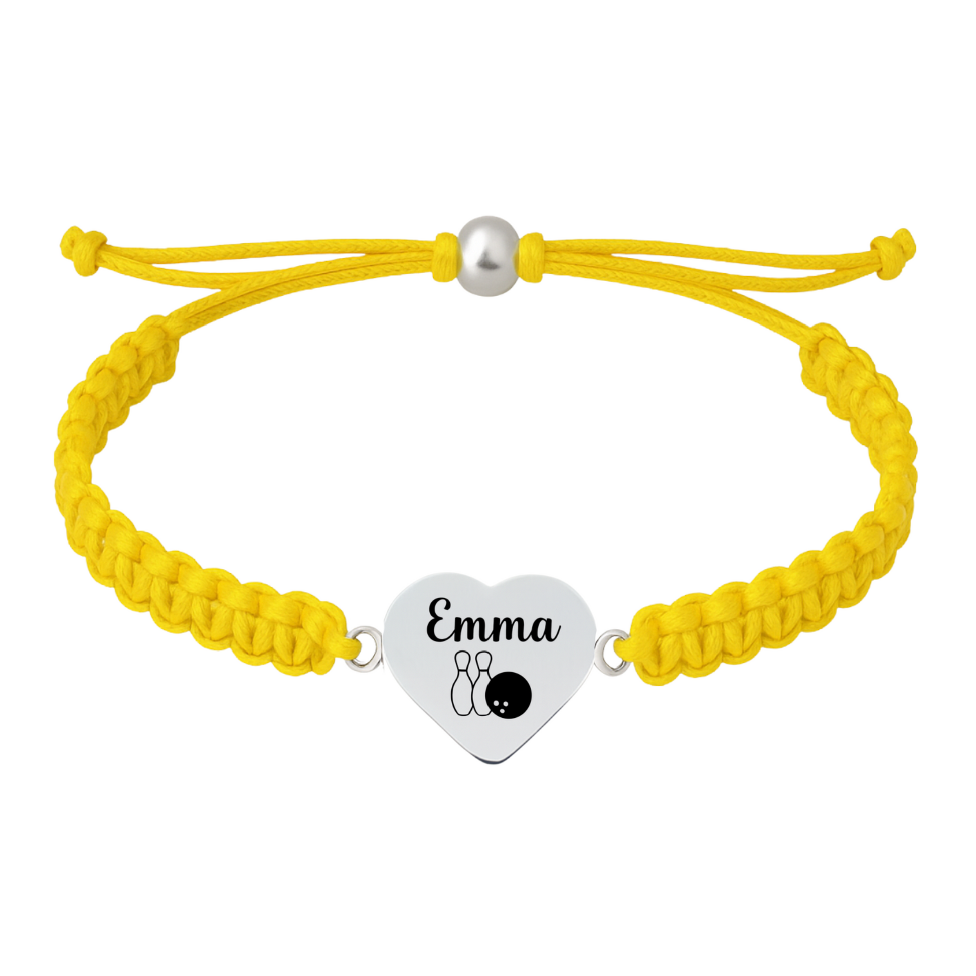 Yellow bracelet featuring heart charm engraved with bowling pins and custom text