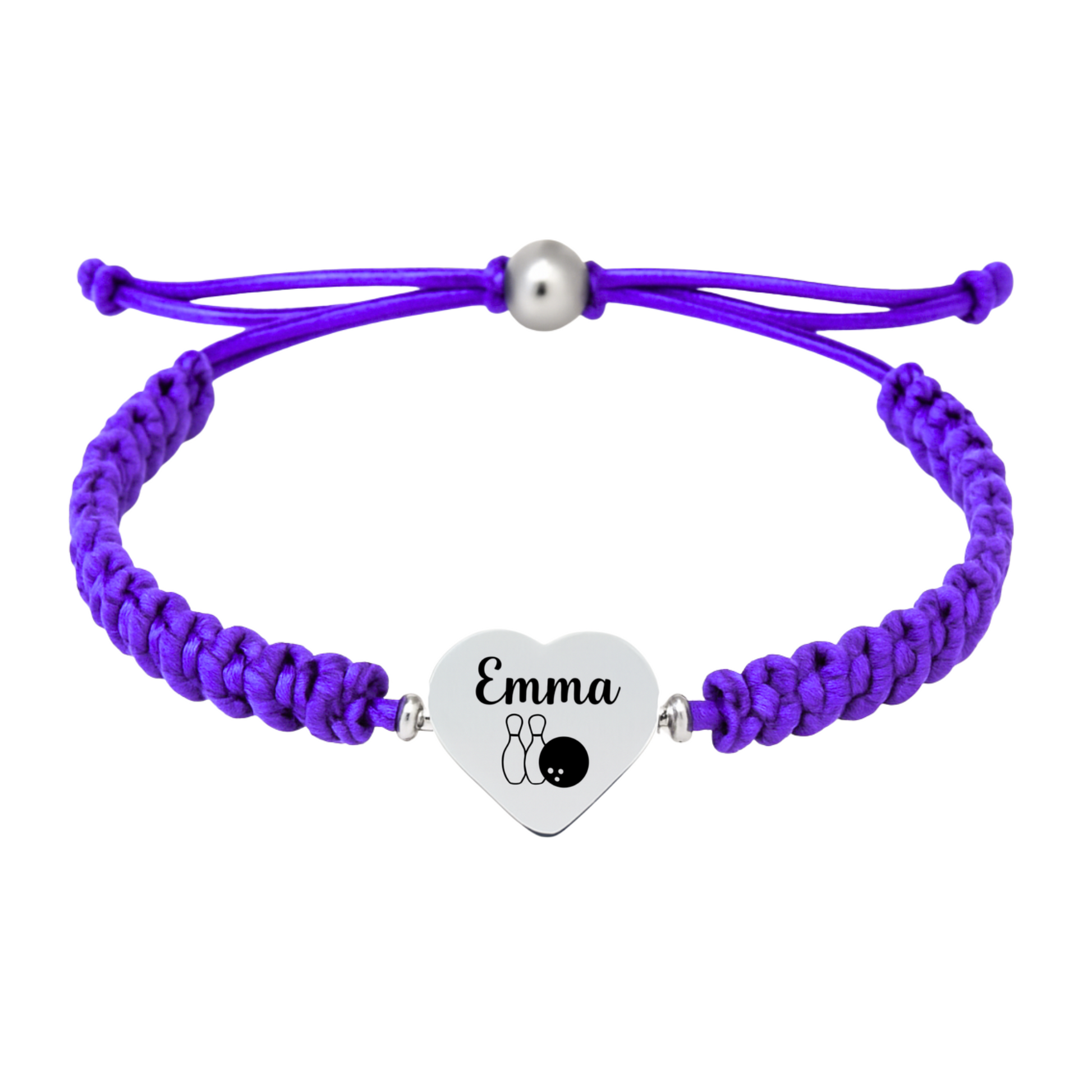 Purple rope bracelet with engraved stainless heart bowling charm