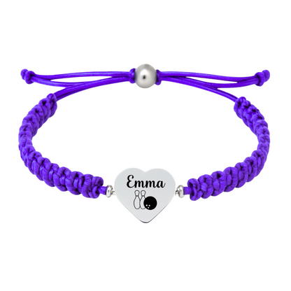Purple rope bracelet with engraved stainless heart bowling charm