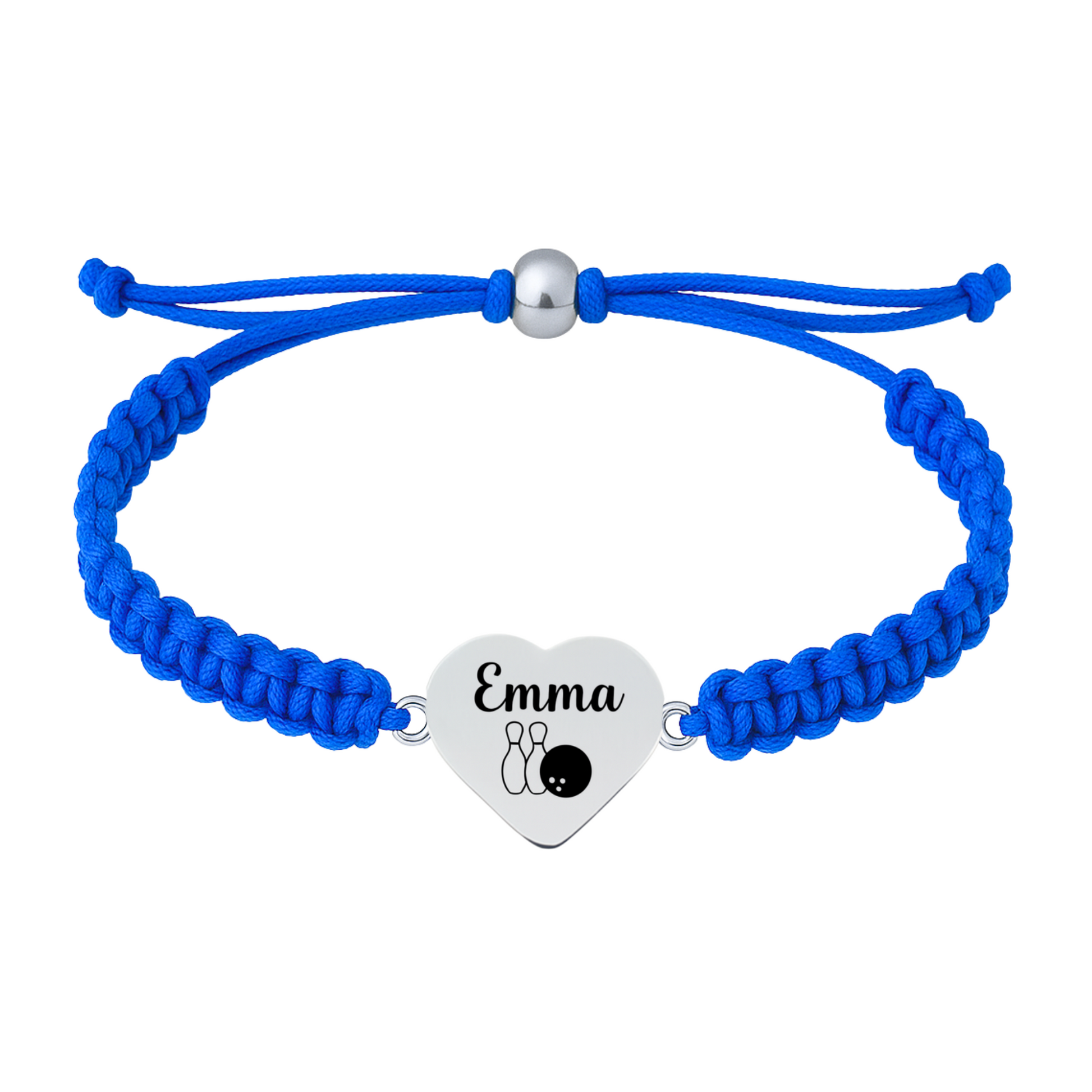 Royal blue bracelet featuring engraved heart charm with name