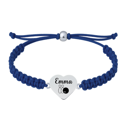 Navy blue rope bracelet with stainless steel heart charm engraved with “Emma” and bowling pins