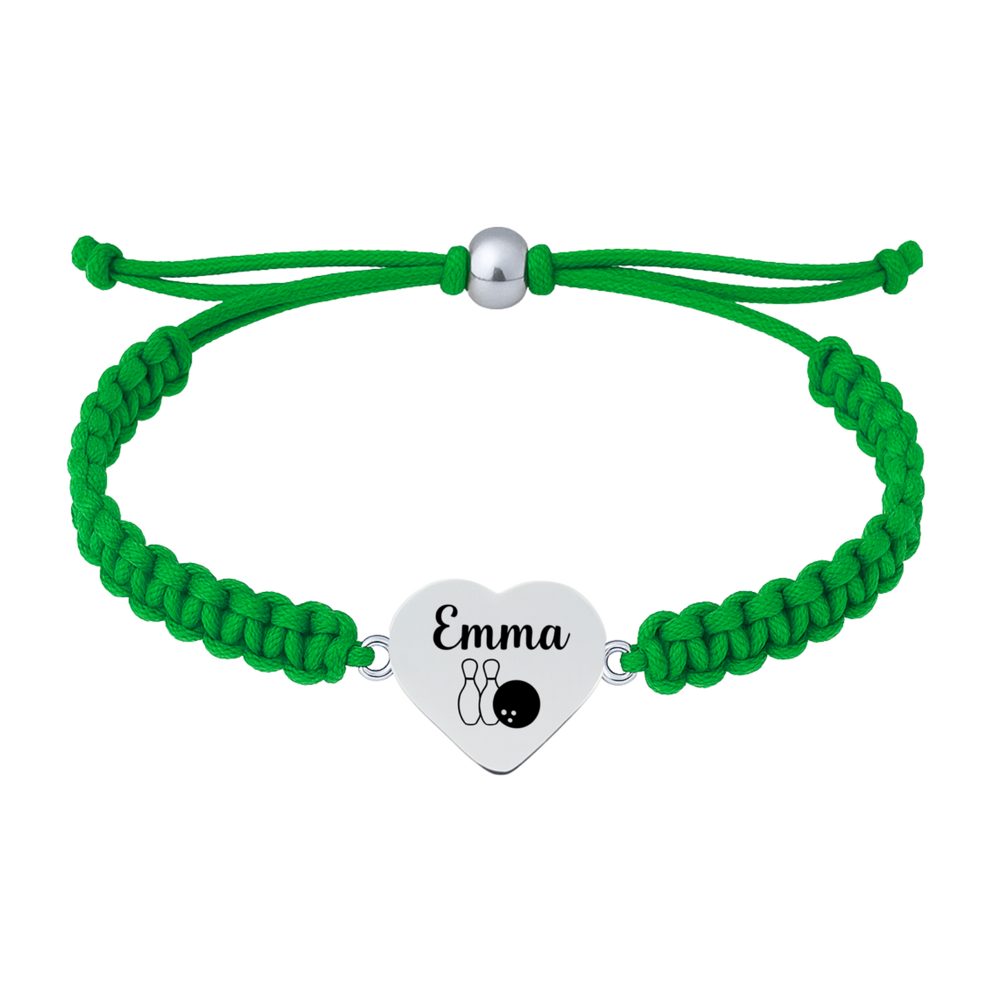 Green bracelet with custom-engraved bowling heart charm