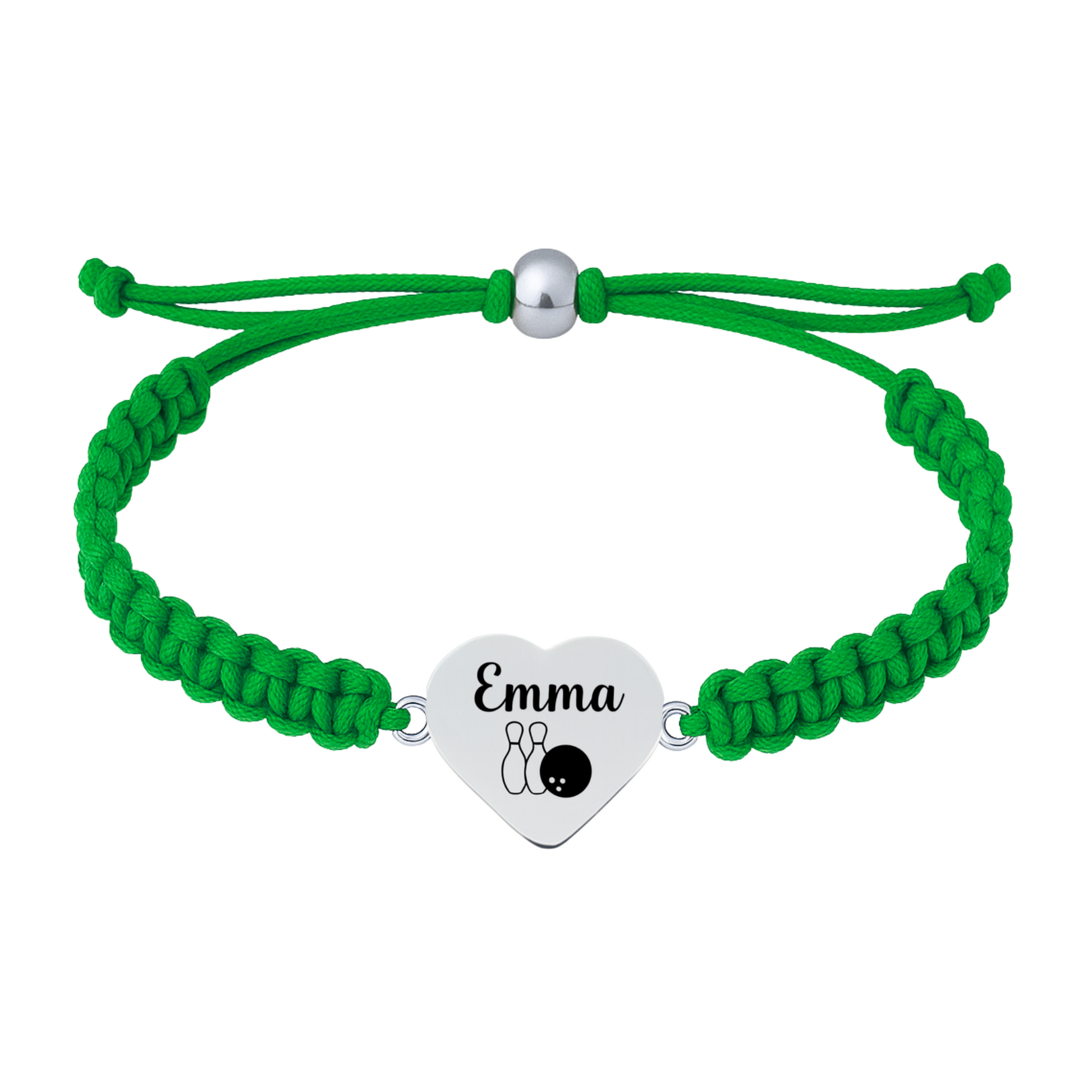Green bracelet with custom-engraved bowling heart charm