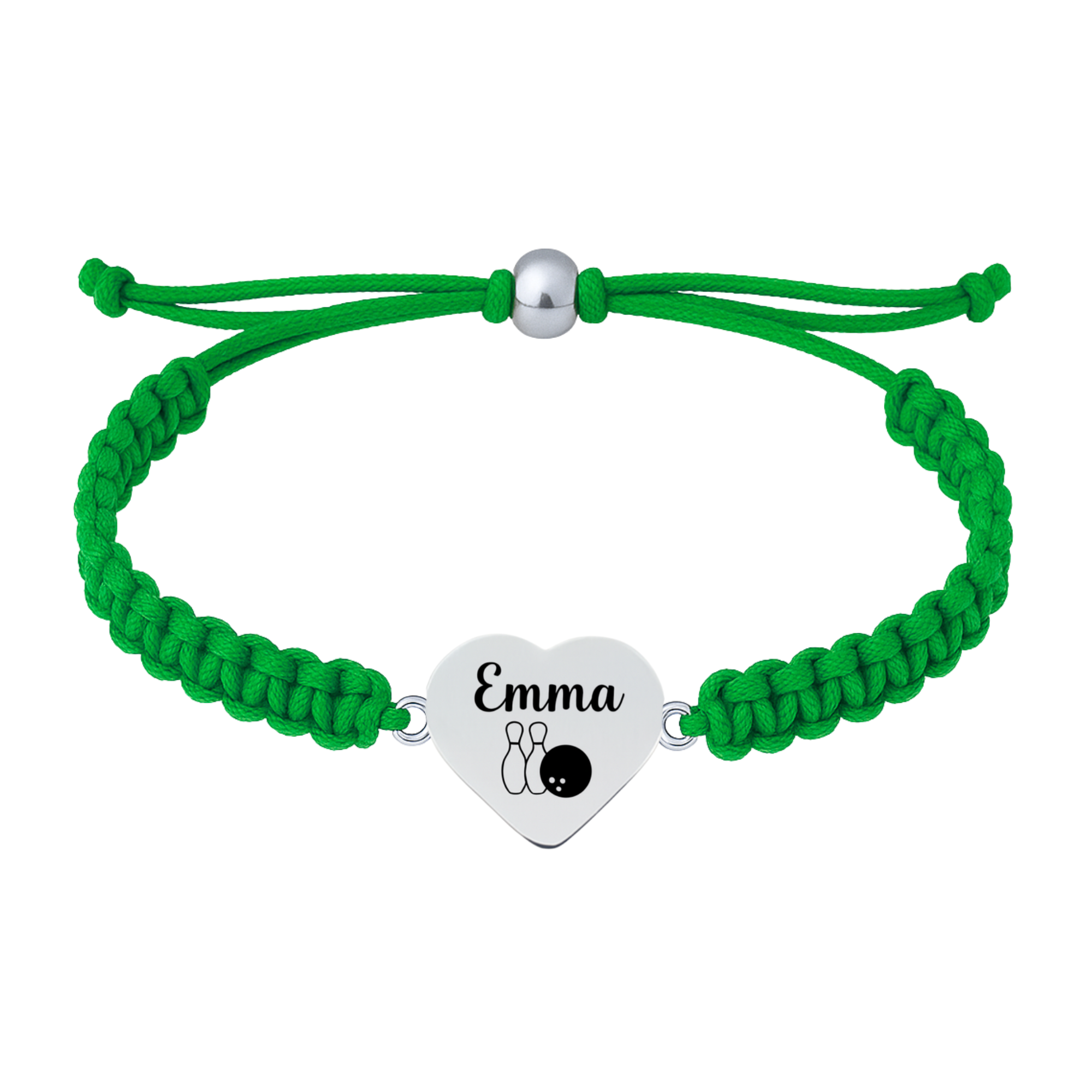 Green bracelet with custom-engraved bowling heart charm