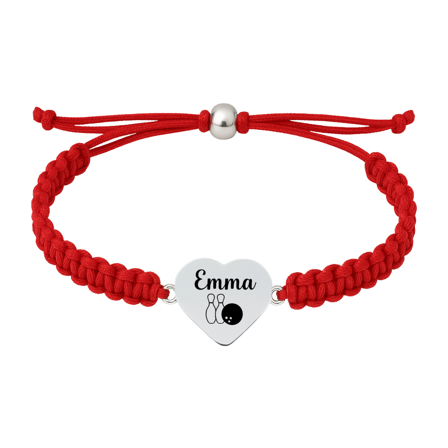 Bright red bracelet with stainless heart charm engraved for a bowler