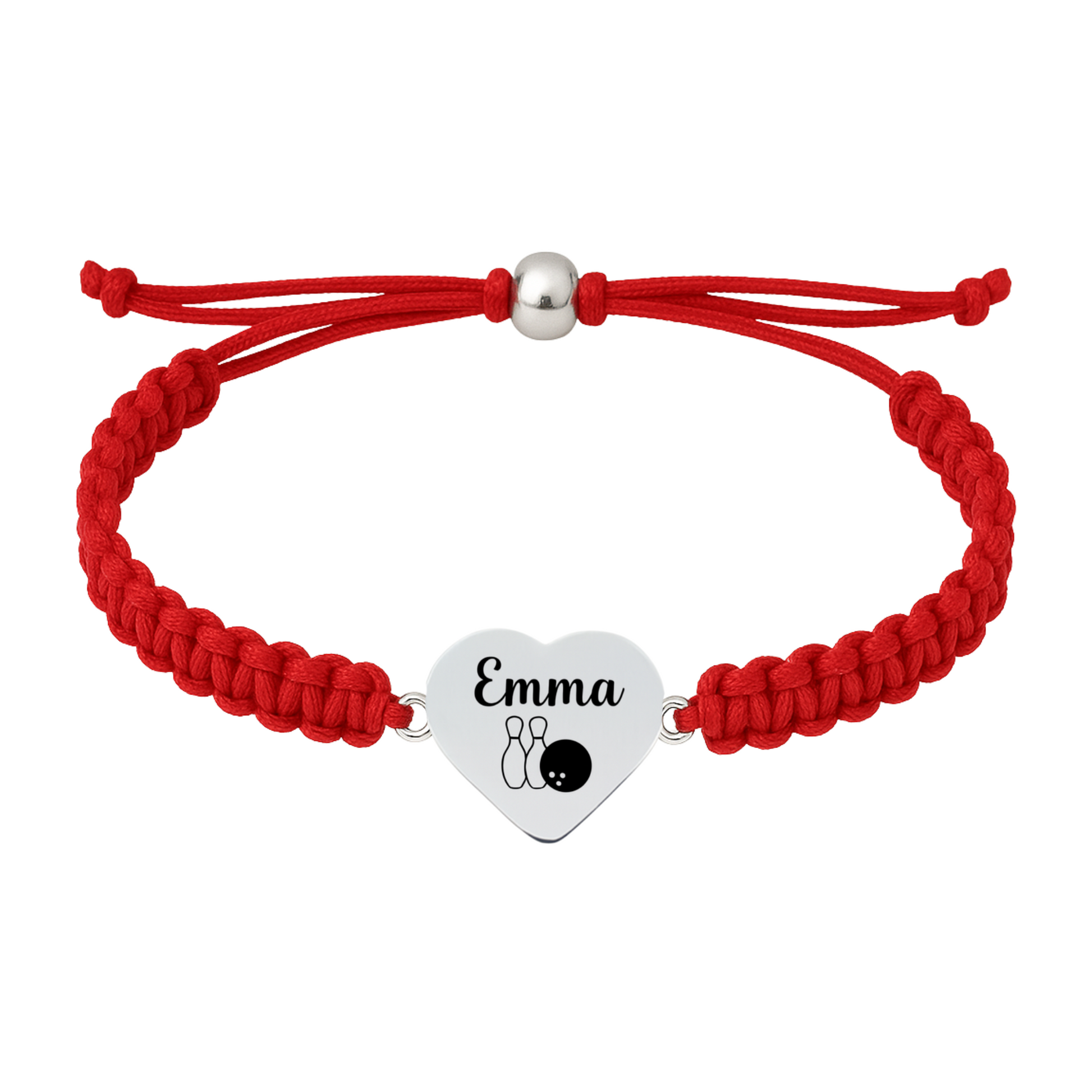 Bright red bracelet with stainless heart charm engraved for a bowler
