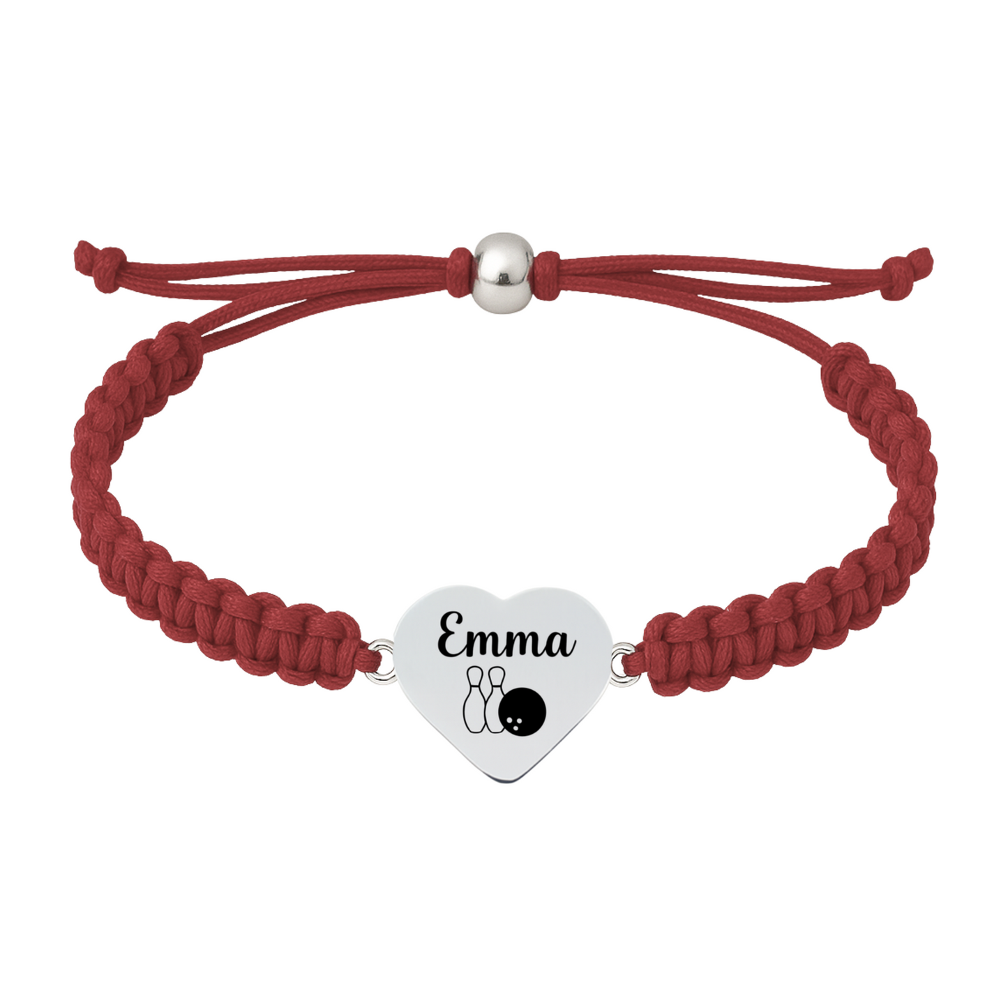 Maroon rope bracelet with engraved heart charm and bowling detail