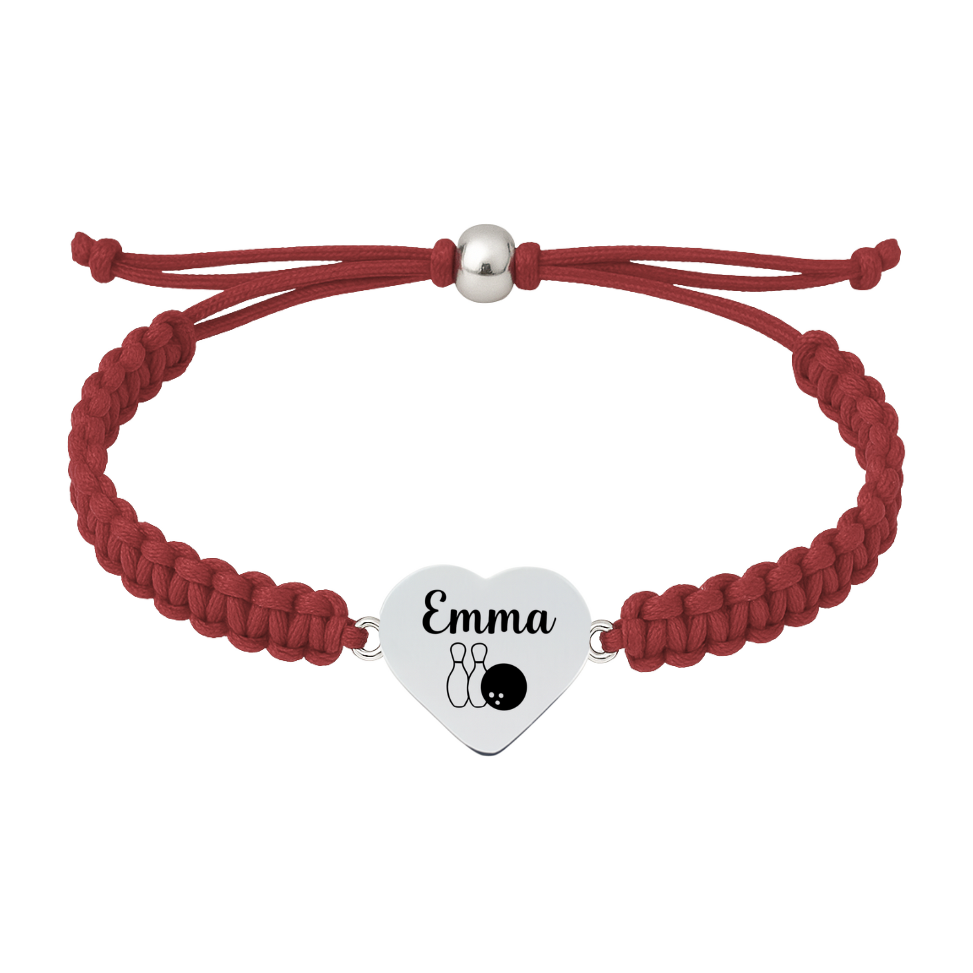 Maroon rope bracelet with engraved heart charm and bowling detail