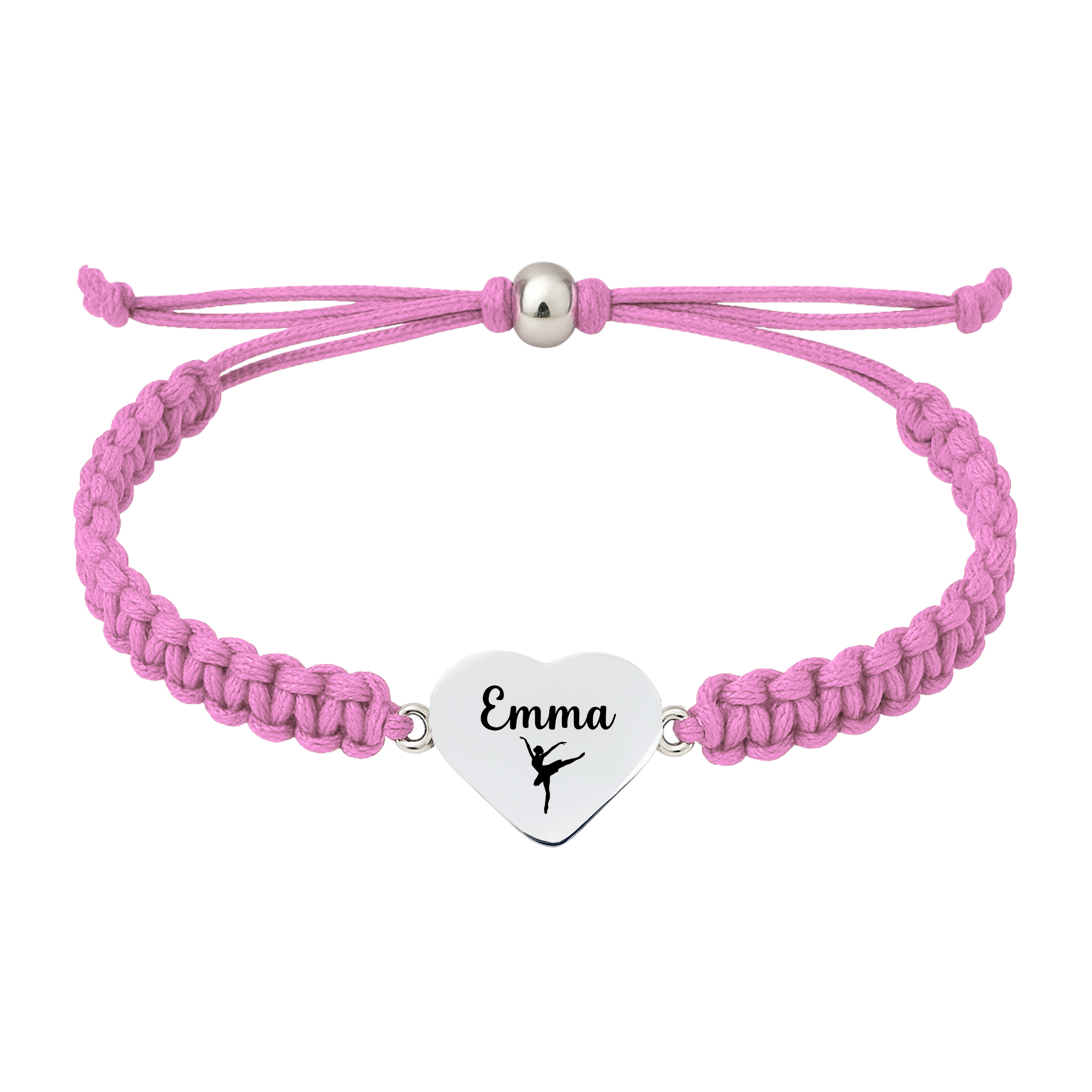 Light Pink braided rope bracelet with stainless steel heart charm engraved name and dance silhouette