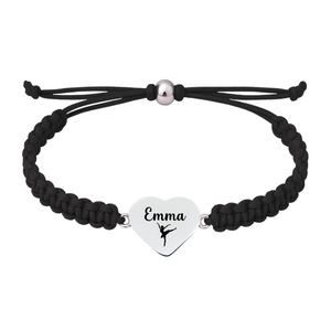 Black bracelet with adjustable knot and engraved dance charm