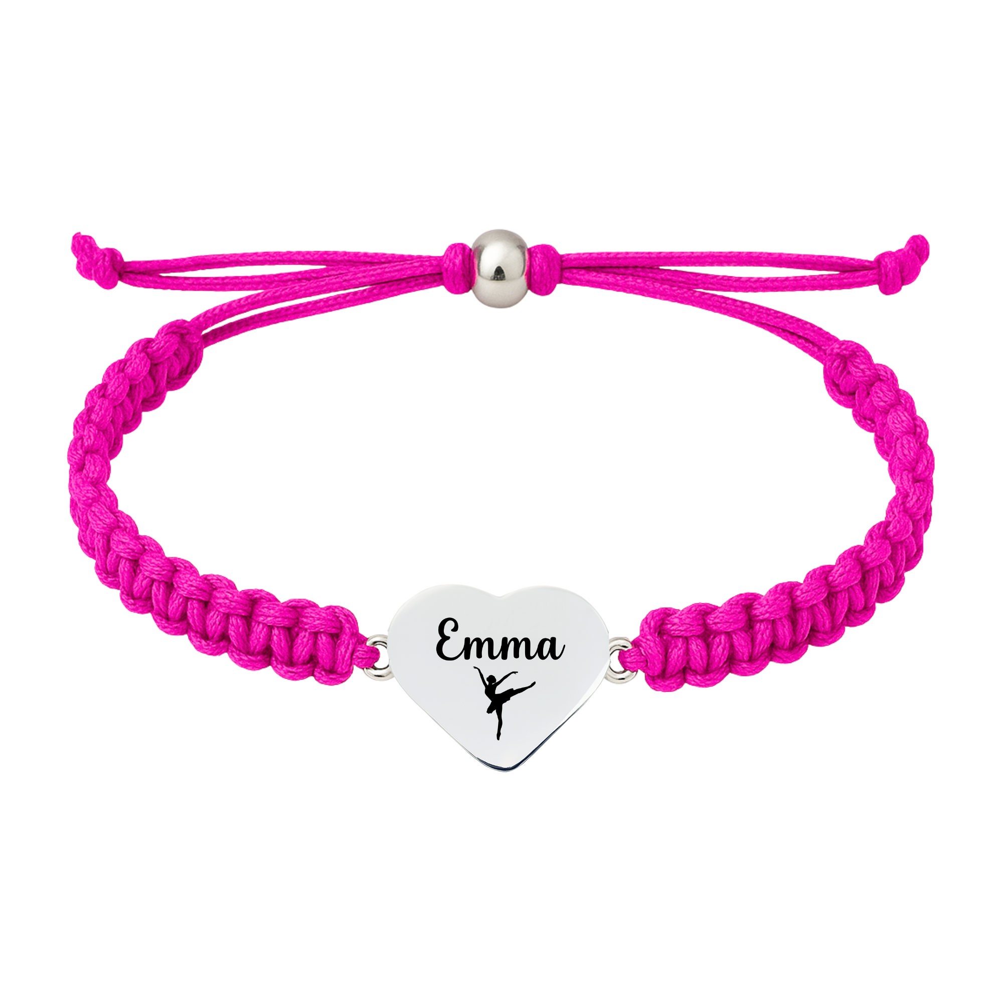Hot pink bracelet with polished stainless heart charm engraved with dance icon