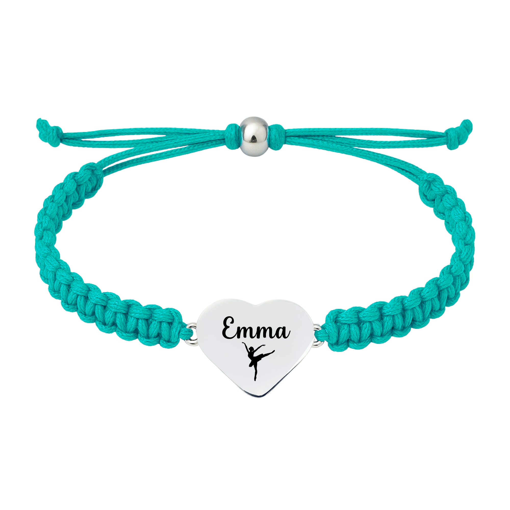 Turquoise teal rope bracelet featuring stainless steel heart charm with dancer engraving