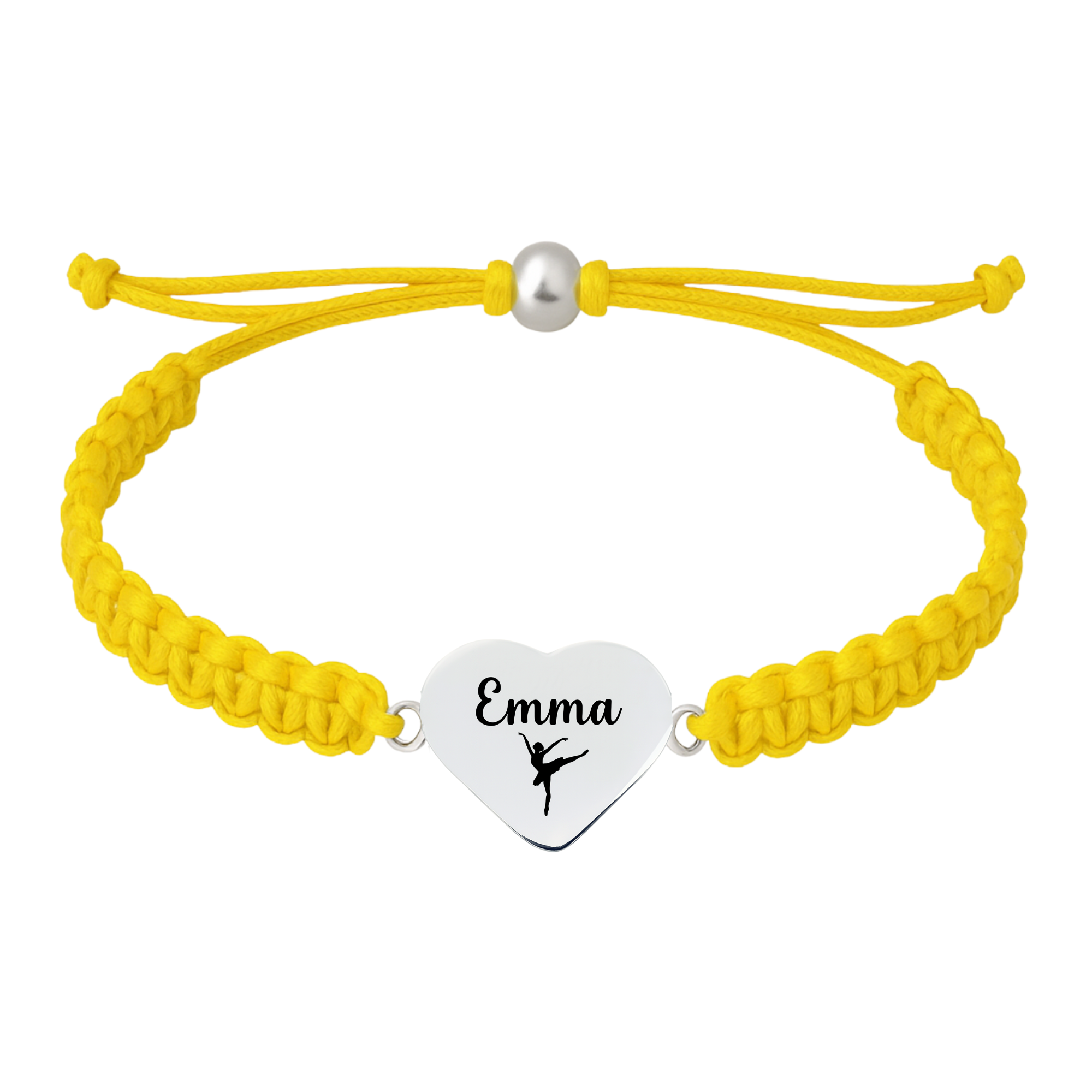 Yellow bracelet with custom engraved dance charm and braided cord
