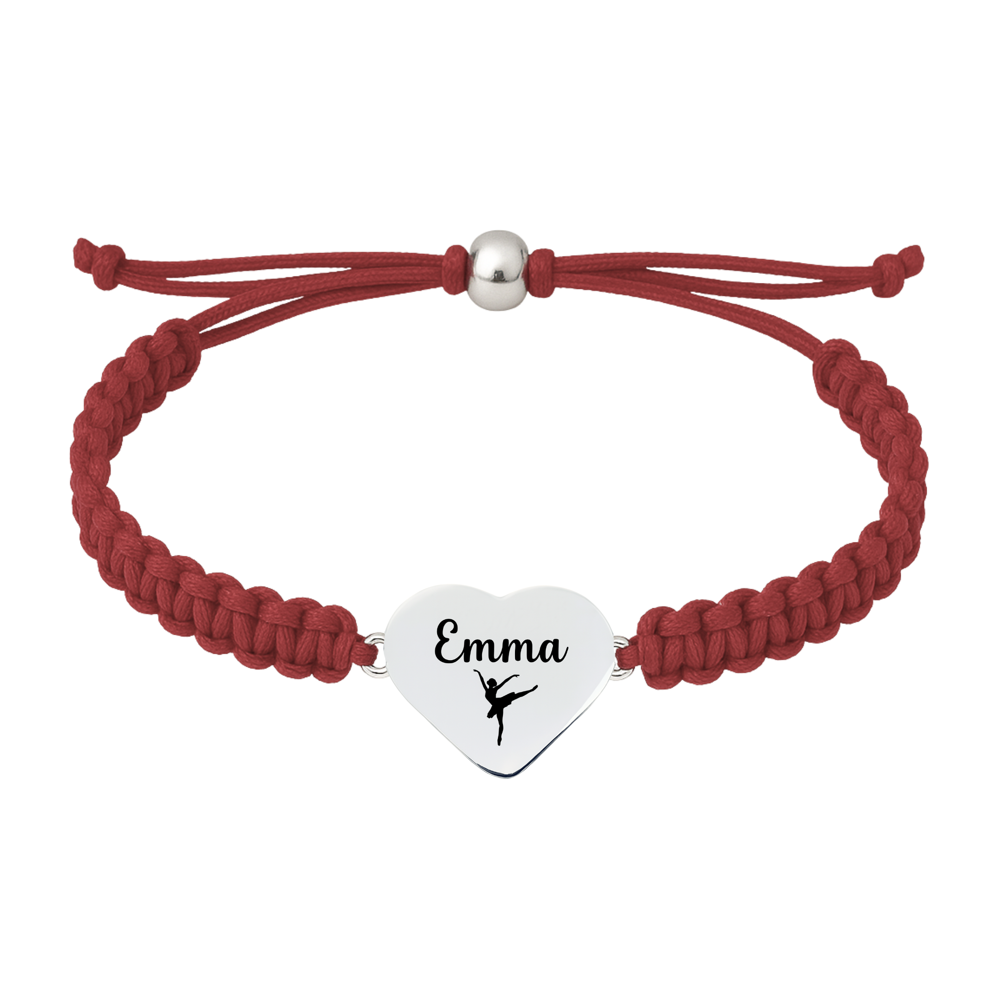 Maroon bracelet with custom engraved dance heart charm displayed