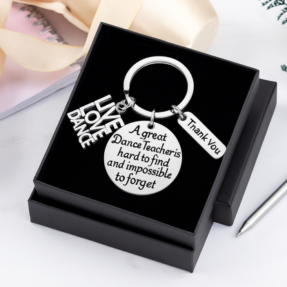 Inspirational dance teacher keychain displayed in a black gift box with “Thank You” charm