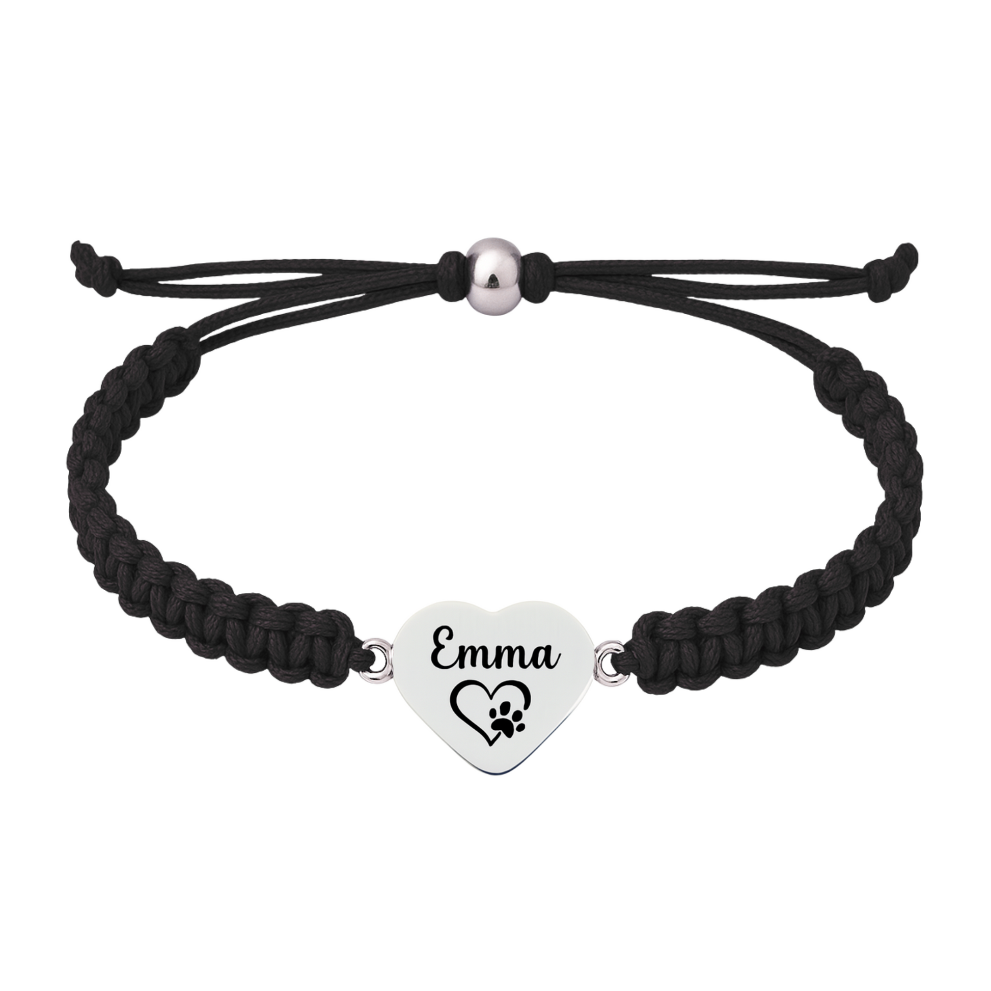 Black rope bracelet featuring heart-shaped charm engraved