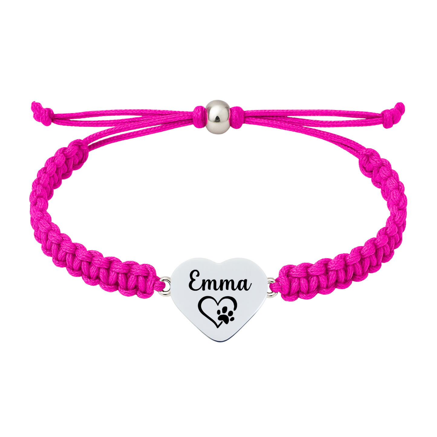 Hot pink bracelet with engraved heart charm and adjustable slip-knot closure