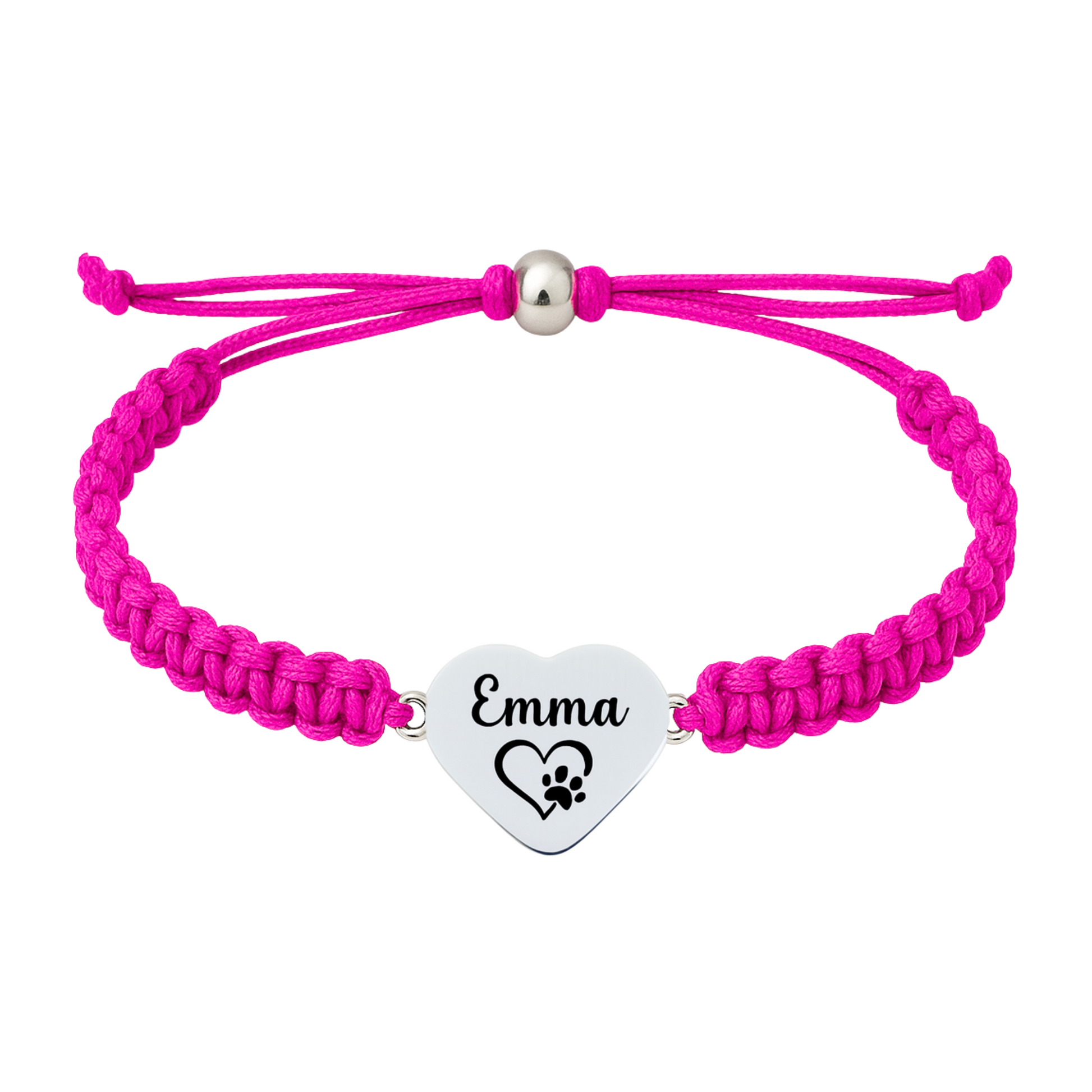 Hot pink bracelet with engraved heart charm and adjustable slip-knot closure