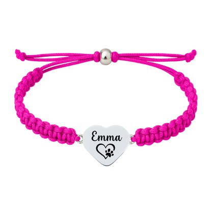 Hot pink bracelet with engraved heart charm and adjustable slip-knot closure