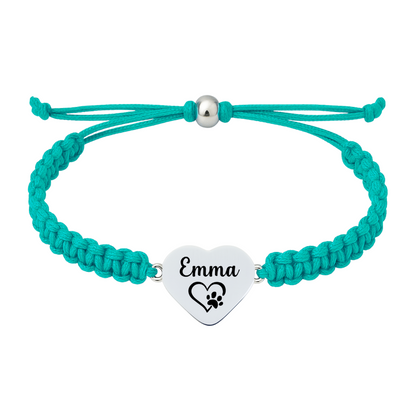 Teal rope bracelet with personalized stainless steel dog charm