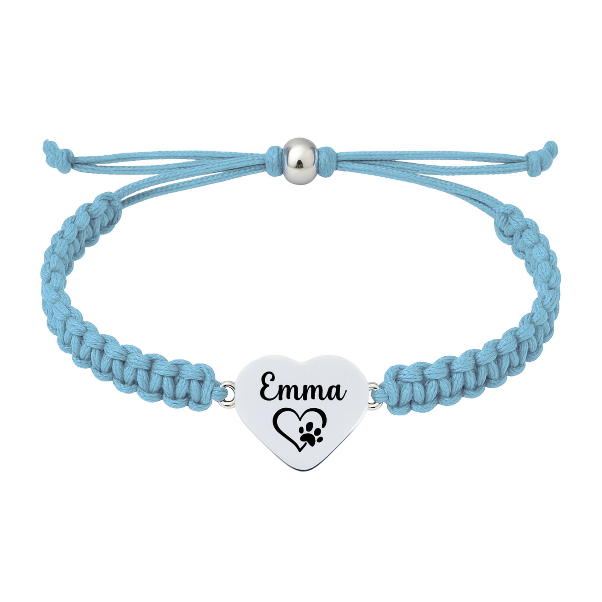 Light blue adjustable dog charm bracelet with engraved name and paw graphic