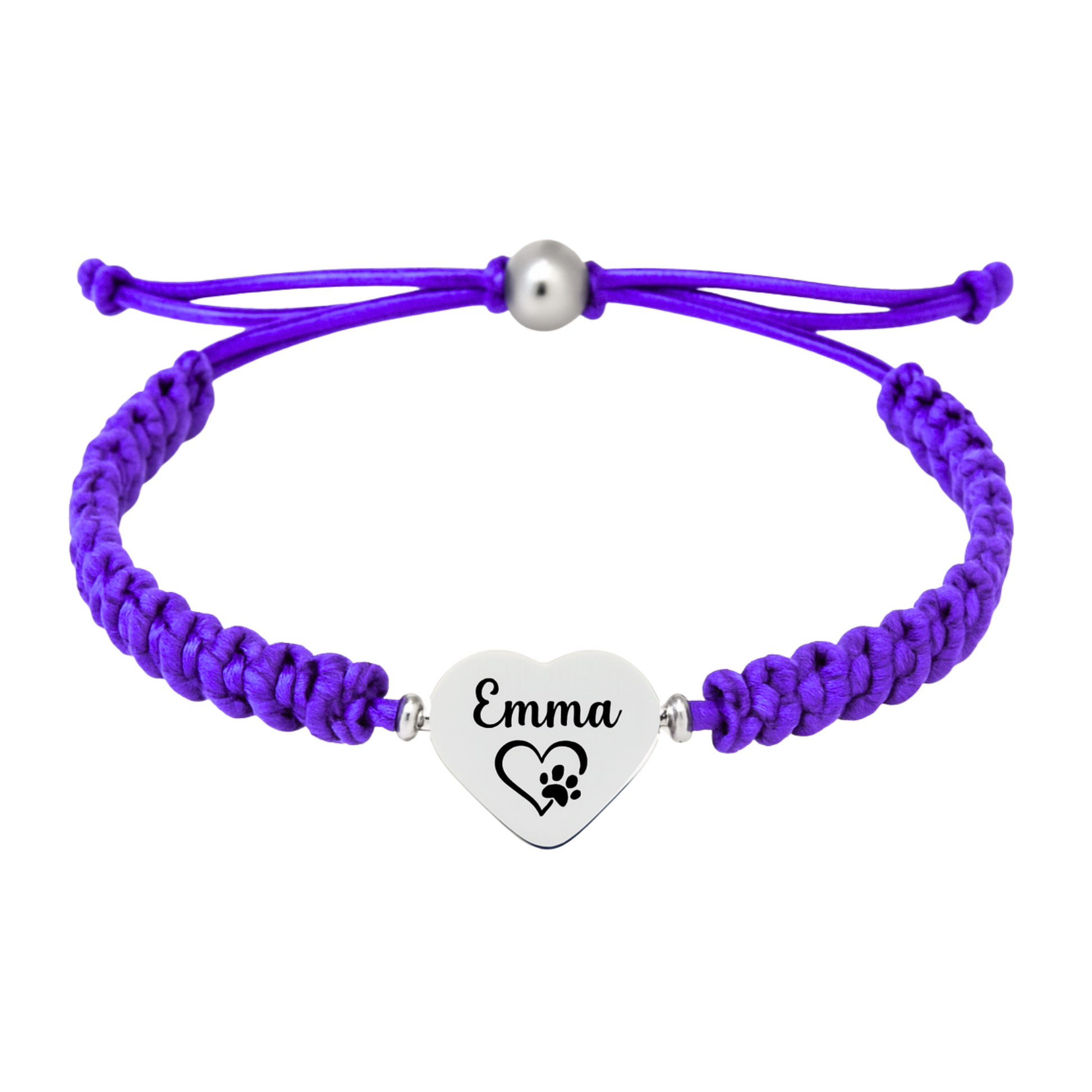 Purple braided bracelet with paw print engraved heart charm