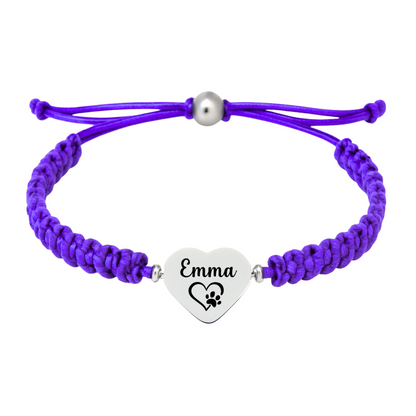 Purple braided bracelet with paw print engraved heart charm