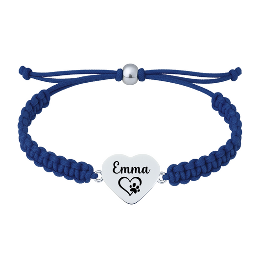 Blue braided rope bracelet with stainless steel heart charm engraved with “Emma” and paw print icon