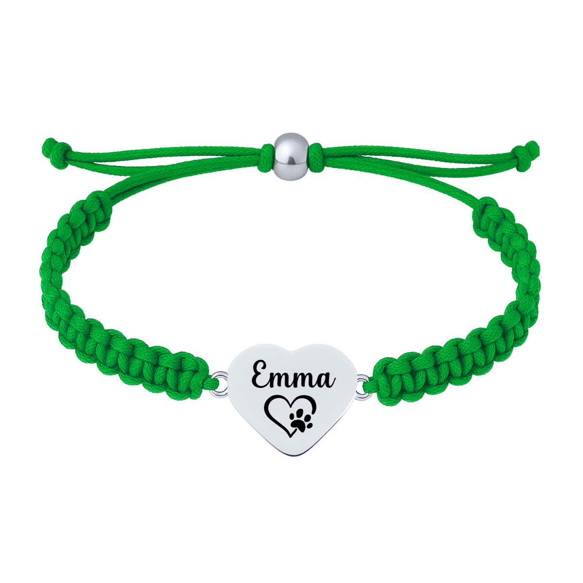 Green braided bracelet with paw print engraved heart charm