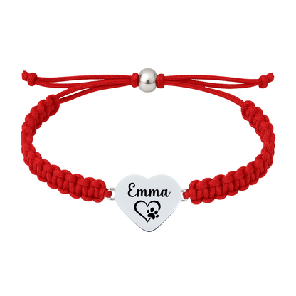 Red rope bracelet with personalized dog name char