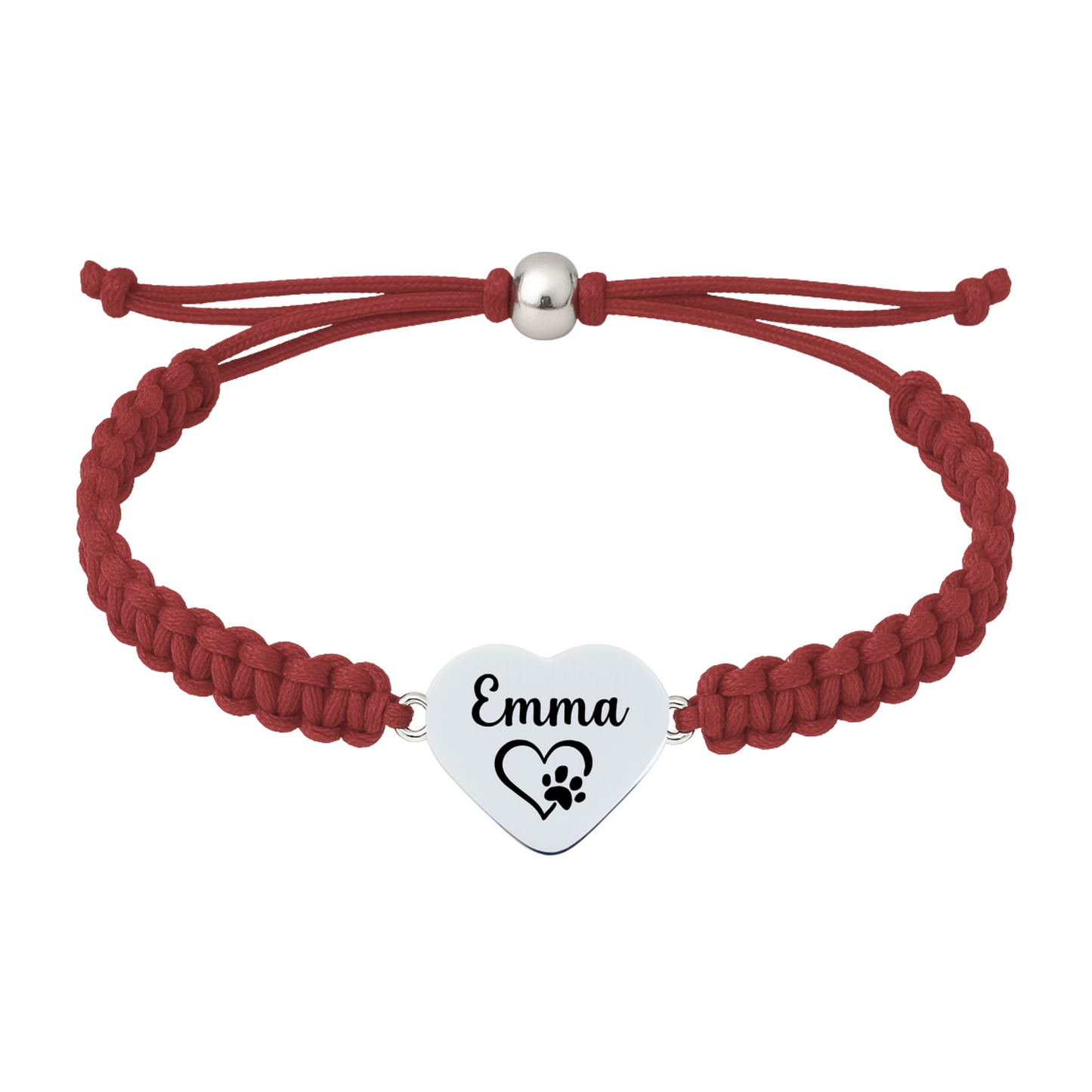 Dark red maroon braided bracelet with engraved stainless steel charm