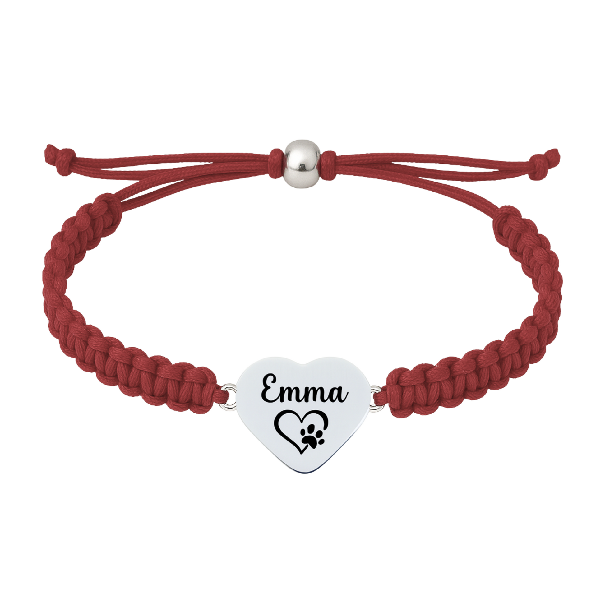 Dark red maroon braided bracelet with engraved stainless steel charm