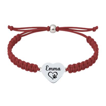 Dark red maroon braided bracelet with engraved stainless steel charm