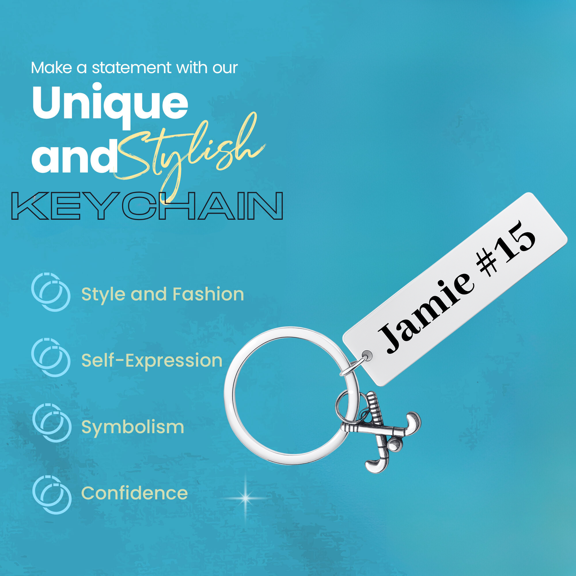 Silver bar field hockey keychain with engraved name displayed on turquoise background with care icons