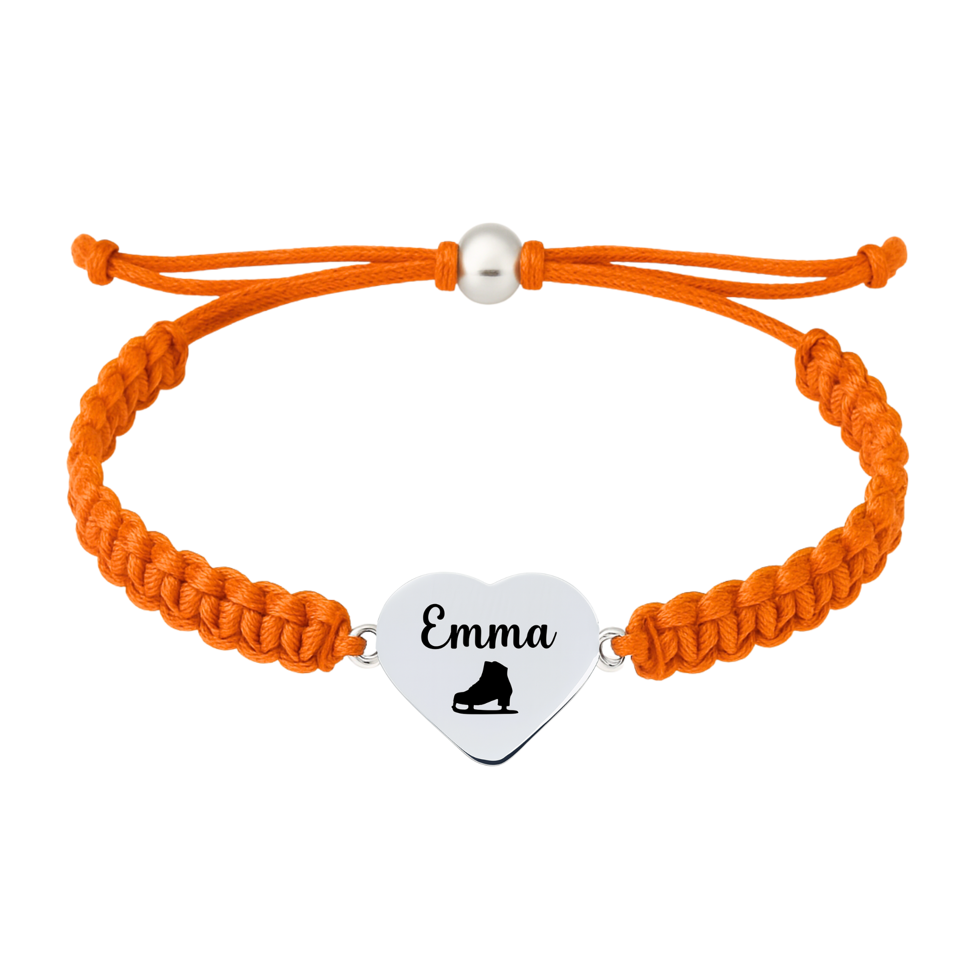Orange bracelet with figure skater charm, slip knot closure visible