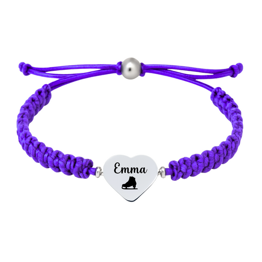 Purple bracelet with engraved stainless steel charm featuring figure skater silhouette
