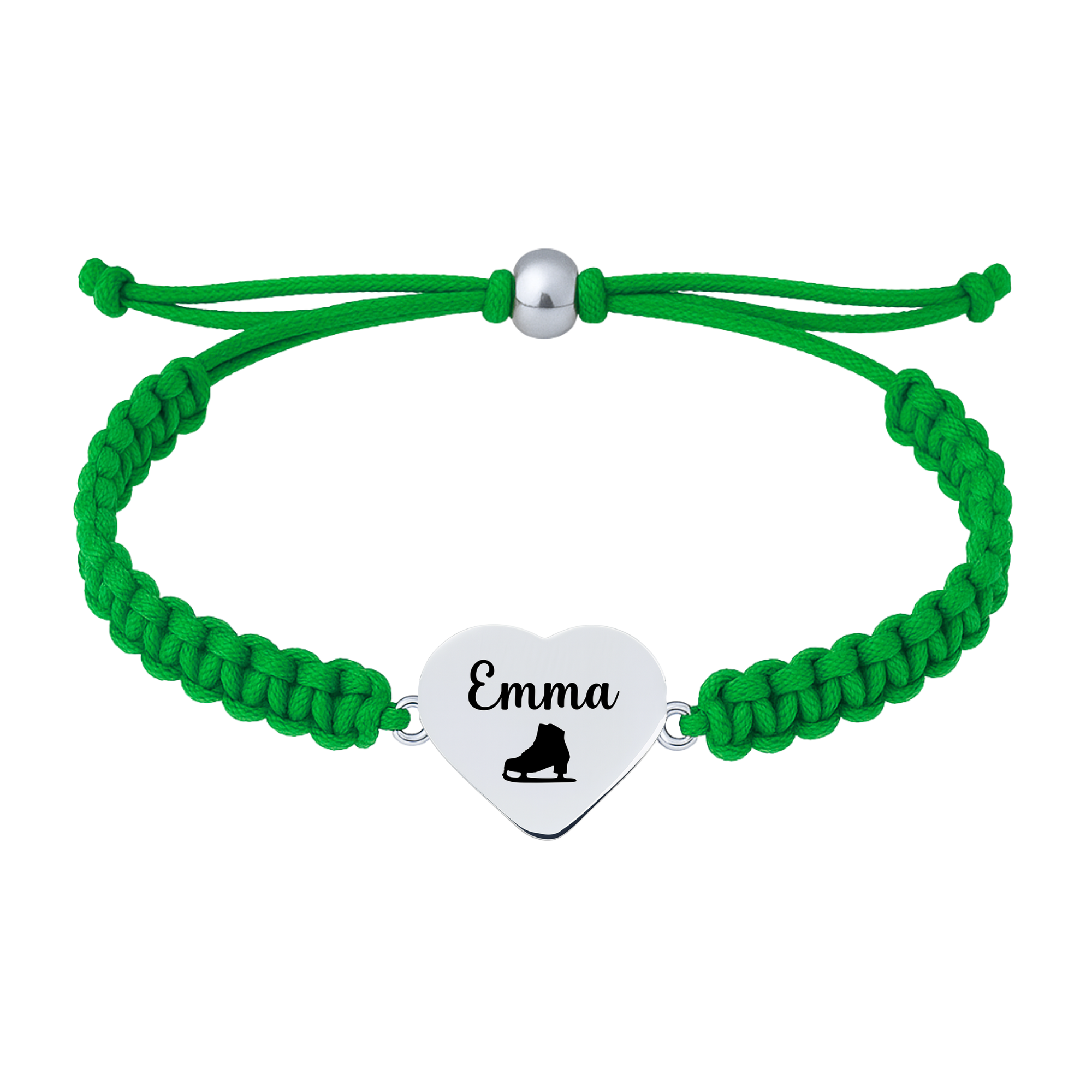 Green bracelet with personalized stainless steel heart featuring skating icon.