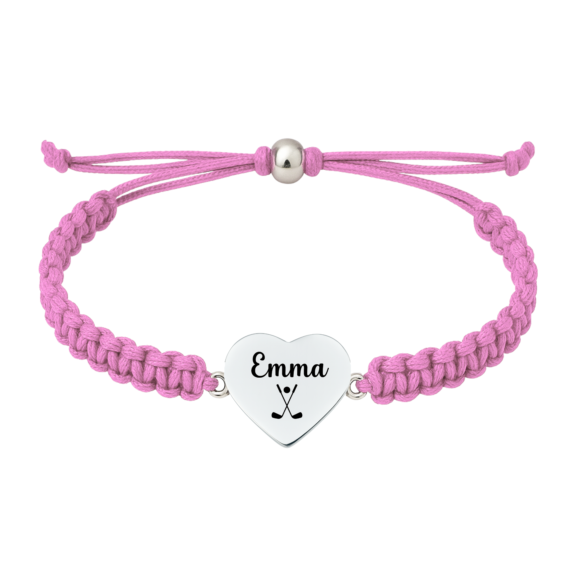 Light pink rope bracelet with plain stainless steel heart golf charm