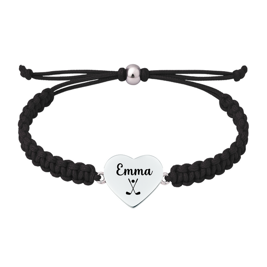 Black braided golf bracelet with heart charm engraved name