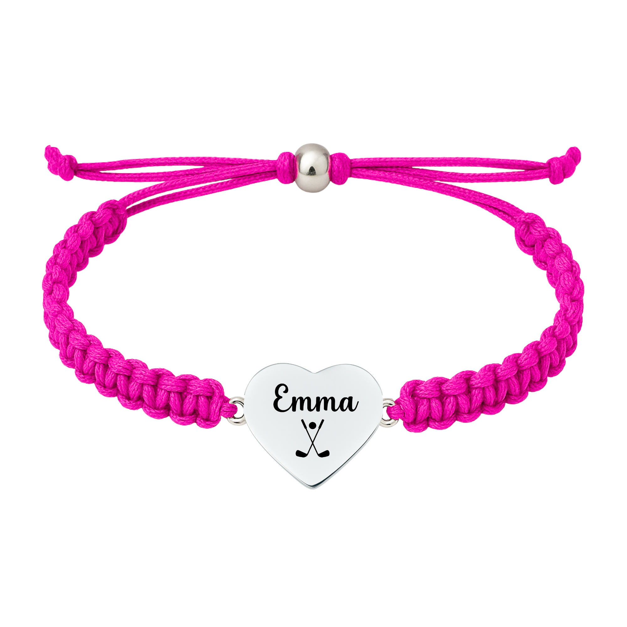 Hot pink rope golf bracelet with name engraved on heart charm
