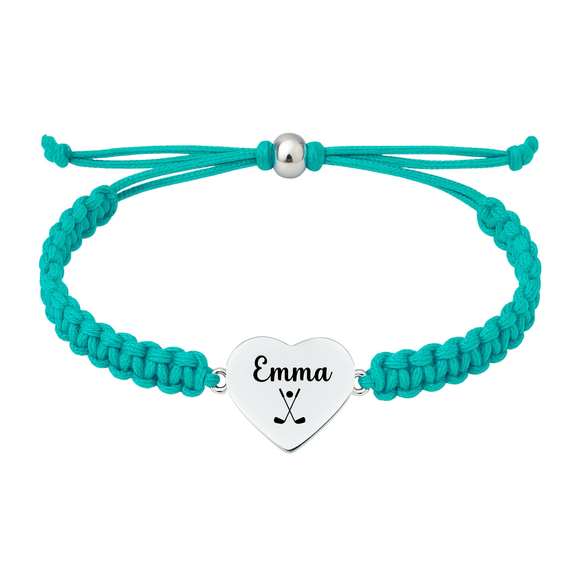 Turquoise teal blue rope golf bracelet with name engraved on golf heart charm