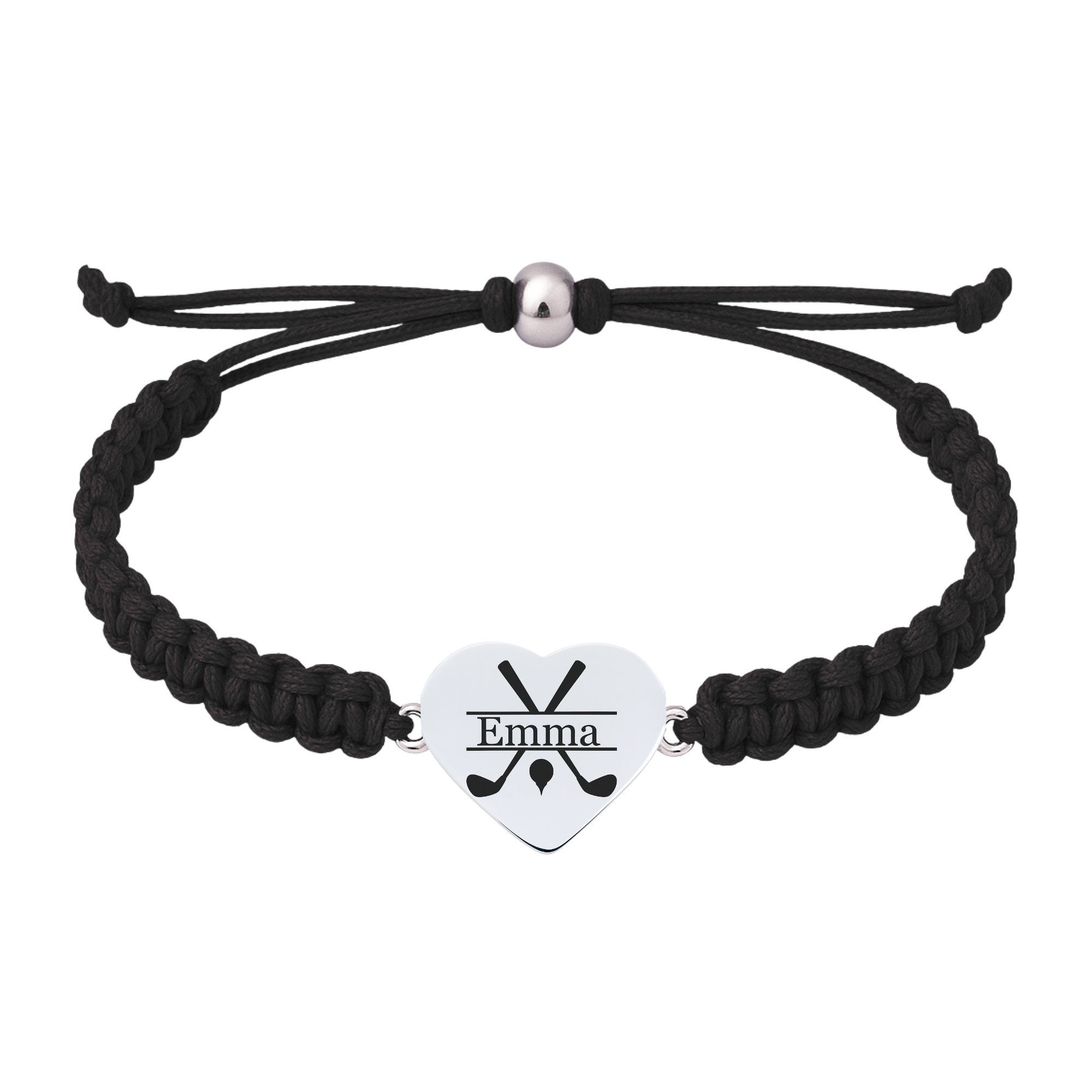 Black rope golf bracelet with name engraved on stainless steel heart charm