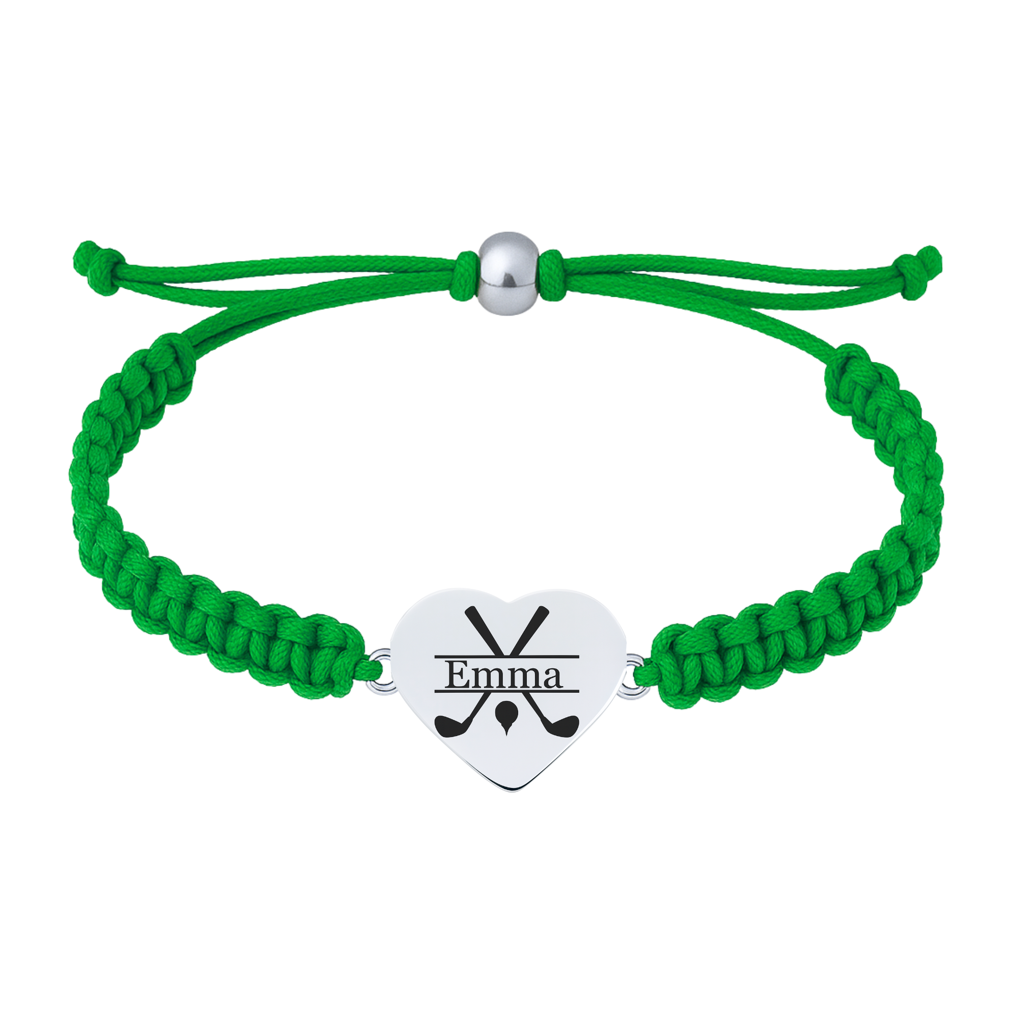 Green rope bracelet with name engraved on golf heart charm