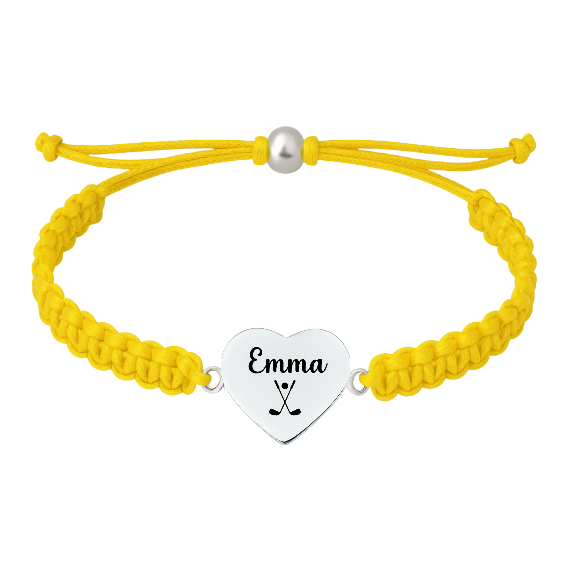 Yellow rope golf bracelet with engraved golf heart charm angled front